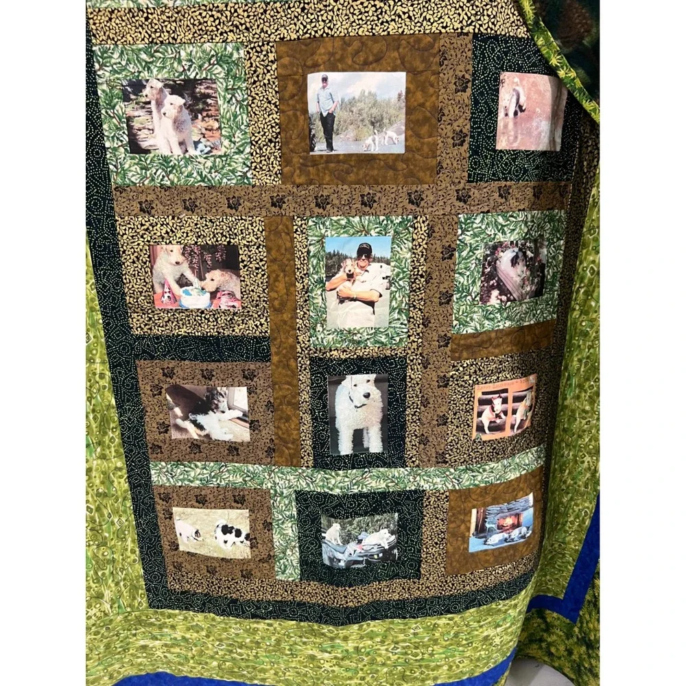 Handmade Memory Photo Quilt Throw Blanket Pet Dog Cabin Cottagecore 52x60
